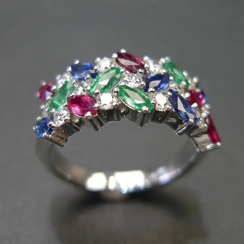 Huitan New Women Rings with Blue/Green/Red/White Cubic Zirconia Sparking Wedding Engagement Bands Eternity Trendy Jewelry Bulk