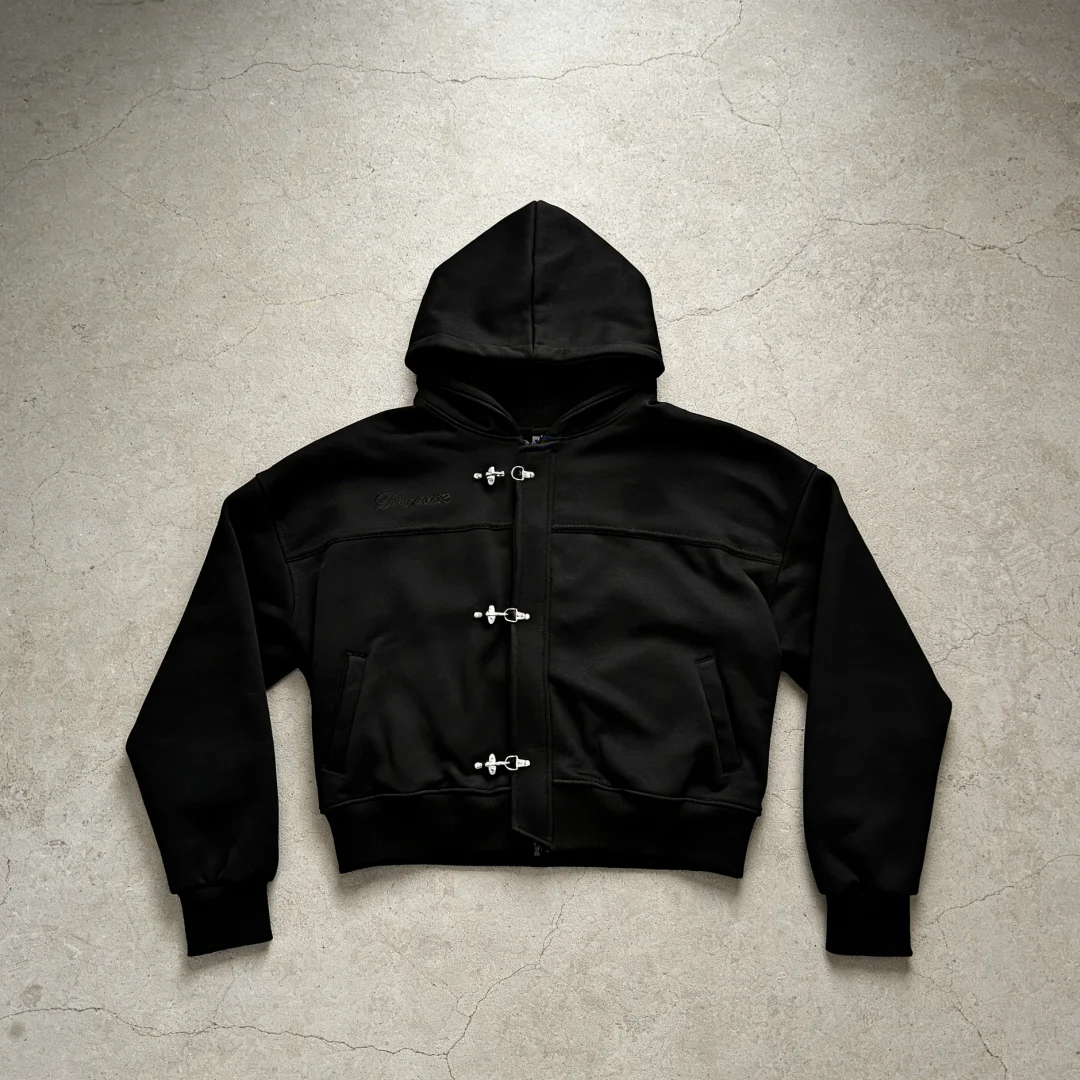 Schwarze Kurze Kapuzenjacke mit Knebelverschluss für Damen 2026 Metallverschluss & Cropped-Fit-Detail Y2K Retro Ästhetik Streetwear