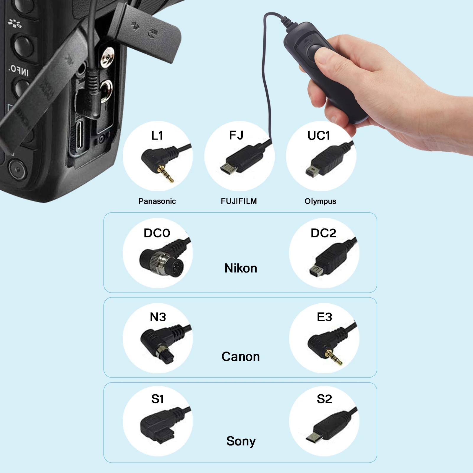 Foto bedrade timer afstandsbediening sluiter release dc0 dc2 e2 l1 n3 e3 s1 s2 uc1 kabel voor canon nikon sony fujitsu camera dslr