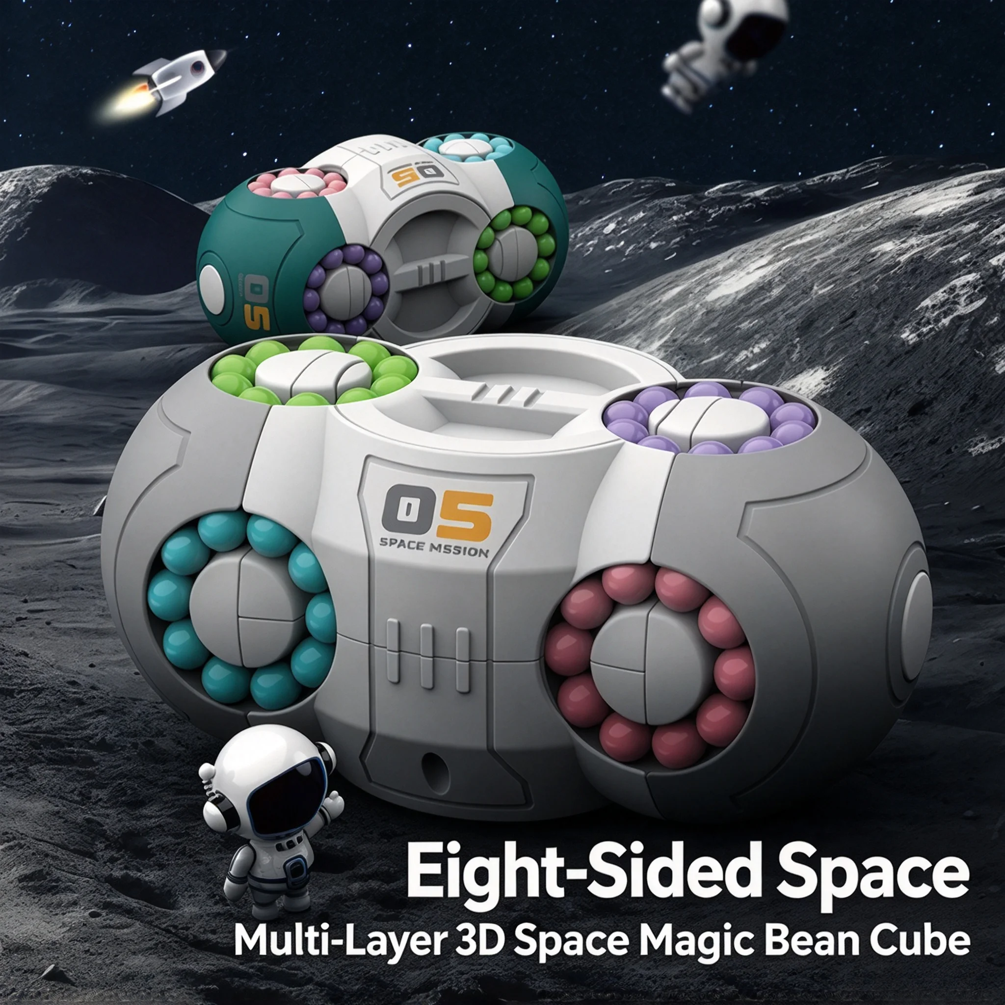 8-Sided Space Capsule Magic Bean Puzzle, Rotating Fidget Stress Relief Educational Toy for Kids Adults