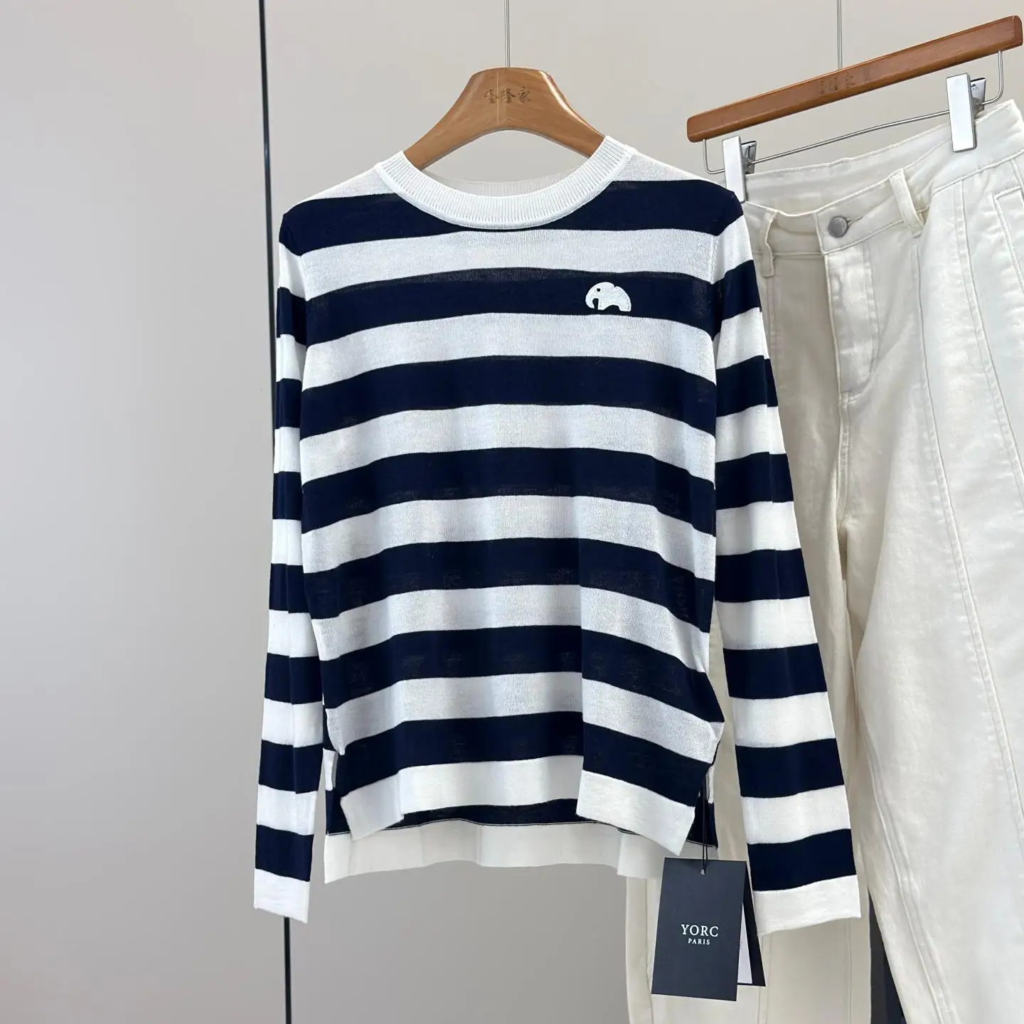 Loose Wide Stripe Knitwear round Neck Top for Women Fashionable Slimming Meat Covering Lazy Style Cotton Polyester Blend