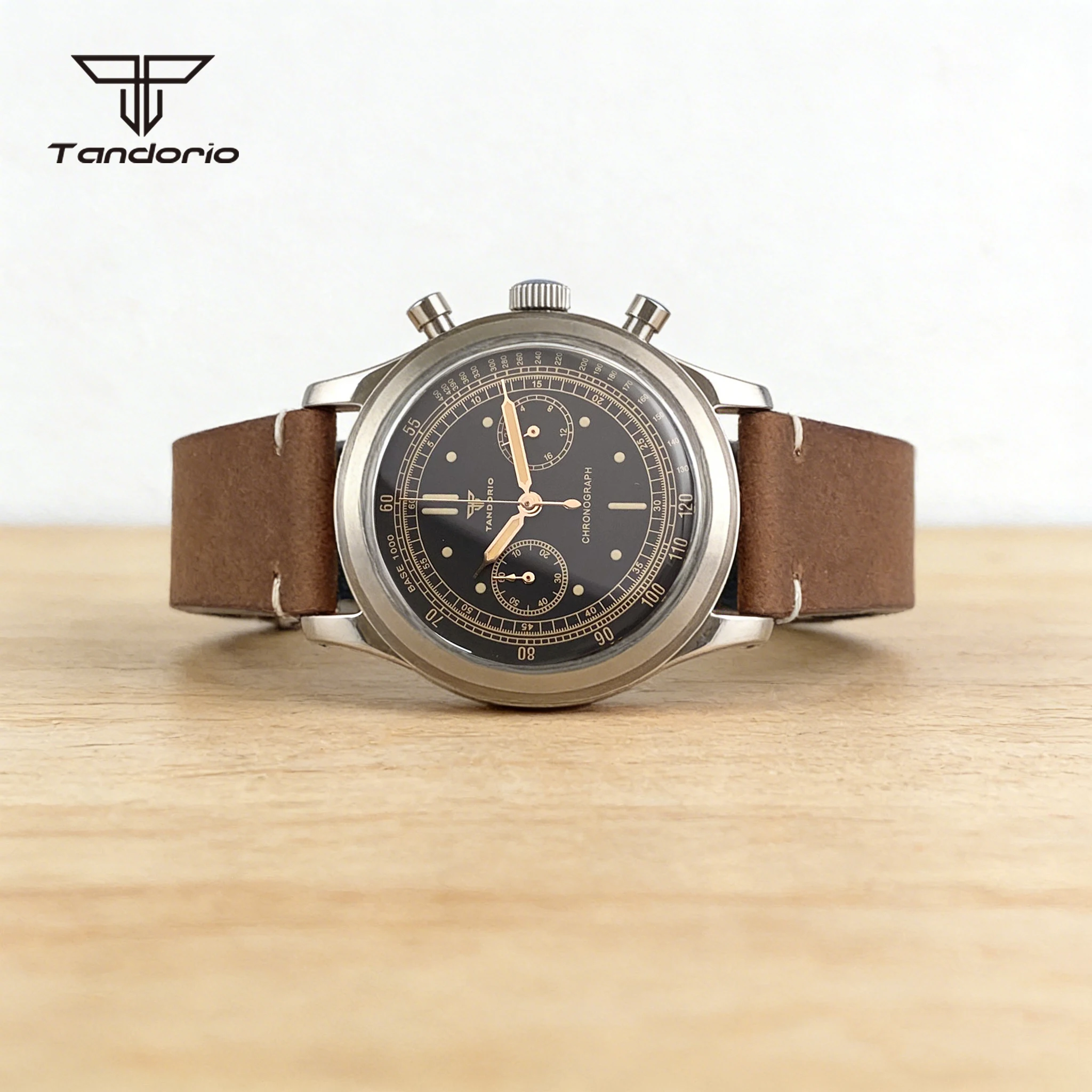 Tandorio 38mm Miyota OS20 Multifunctional Quartz Watch Domed Mineral Glass Men's Fashion Stainless Steel Chronograph Wristwatch