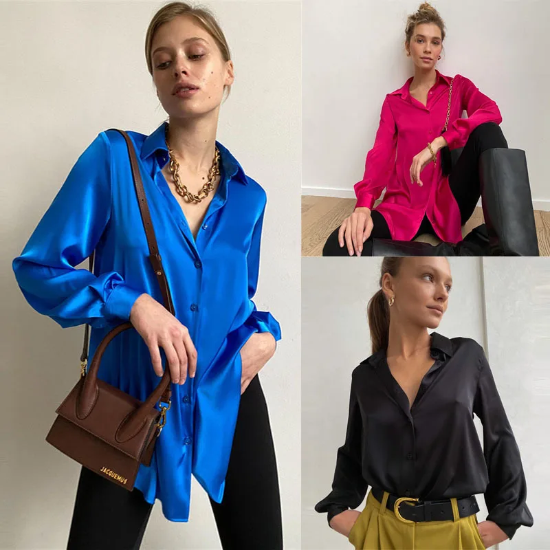 Satin silk blouse for women, casual, long-sleed blue exhaust shirt, elegant button-up cartons, long Towns, Spring Autumn Office Clothing