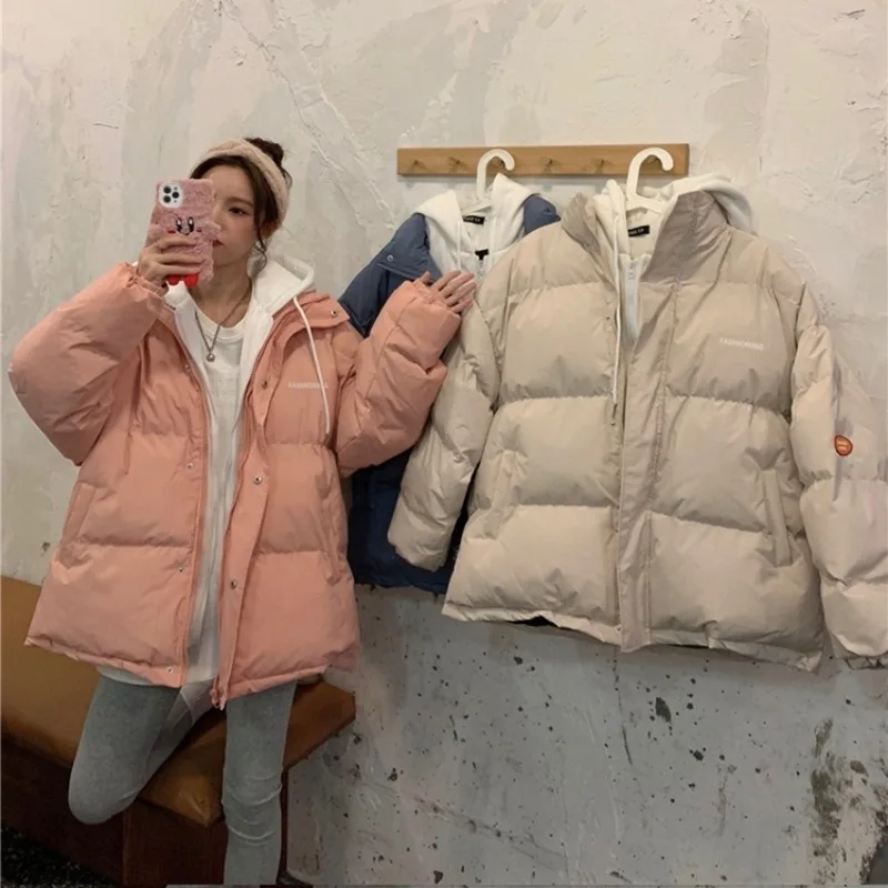 Parkas falsas de dos piezas con capucha para mujer, abrigos holgados de algodón de invierno a la moda, abrigos gruesos de estilo coreano con cremallera dulce, apliques para estudiantes Ins