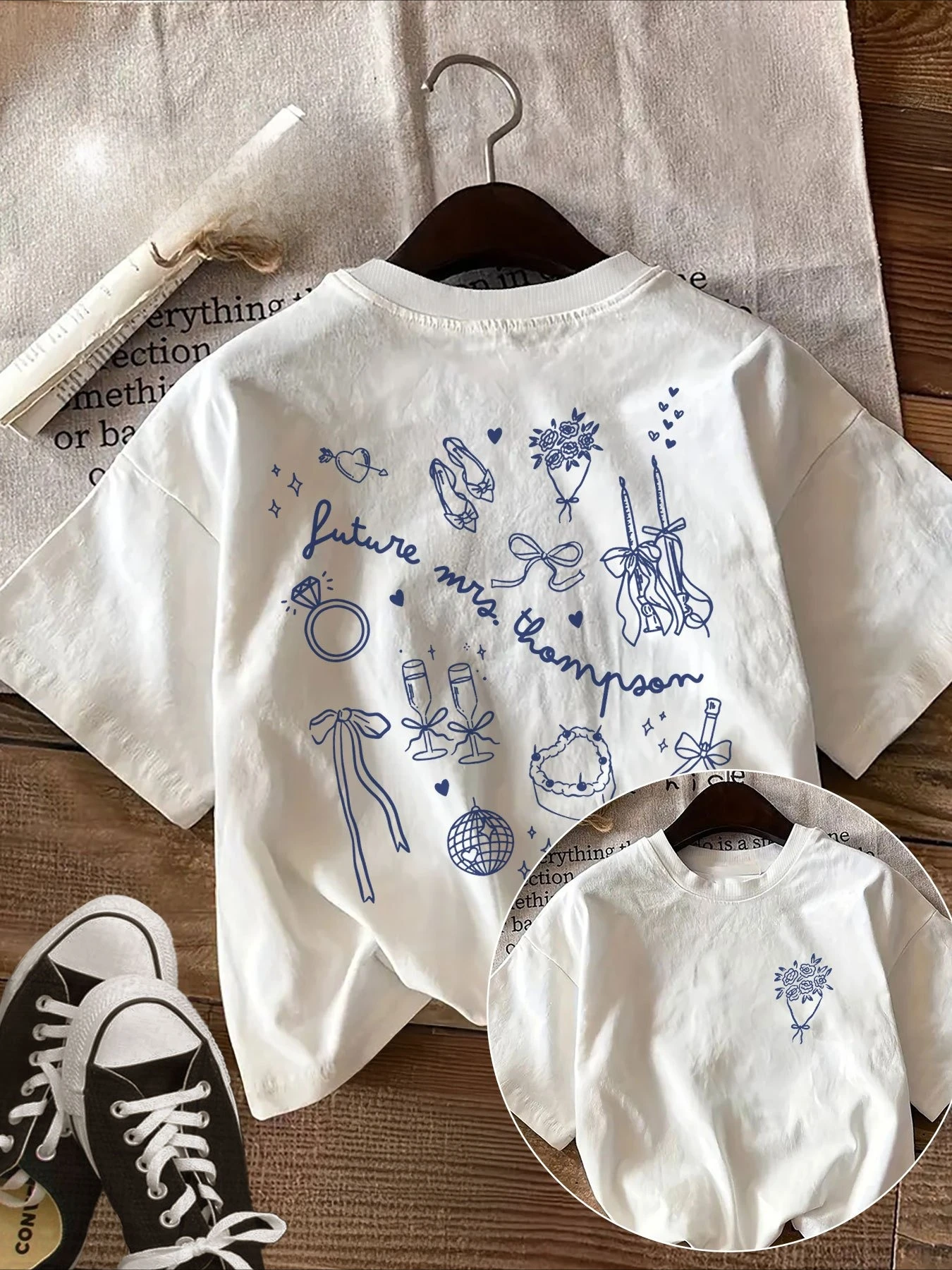 [Double-Sided Print]Women'S Top for Wedding Season Hand-Drawn Style Wedding Heart Future Print Round Neck Pure Sleeve T-Shirt