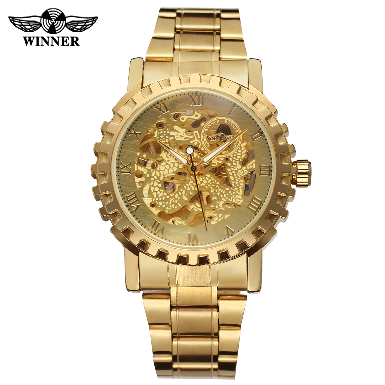 T-WINNER Luxury Man Watch Gold Dragon Design Skeleton Automatic Mechanical Fashion Classic Stainless Steel Waterproof Male Clock