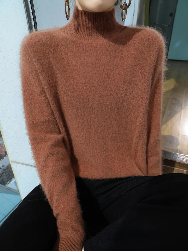 

Autumn Winter Solid Mock-neck Pullover Sweater For Women 100% Mink Cashmere Casual Cashmere Knitwear Female Clothing Basic Tops