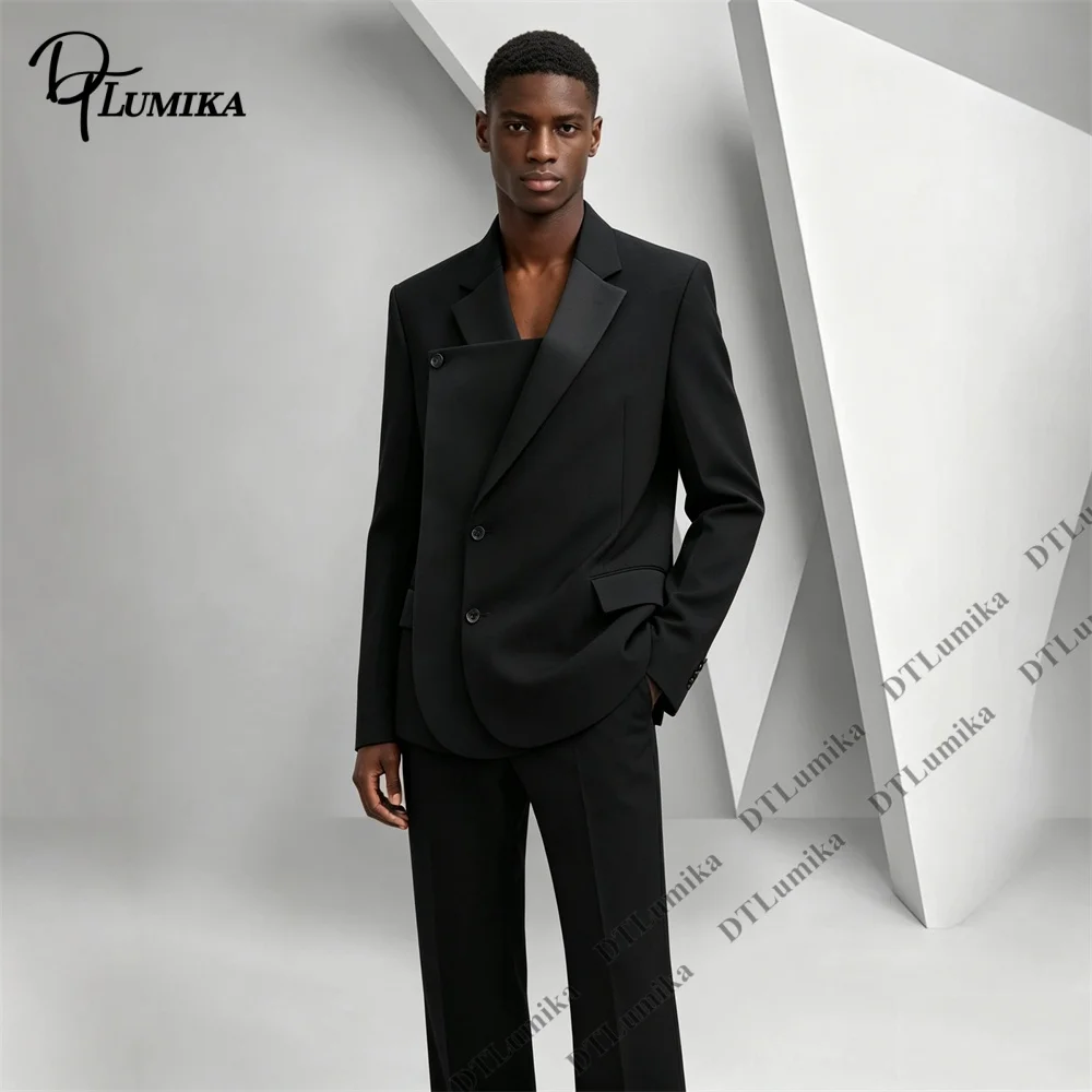 Classic Solid Black 2 Piece Suit for Men Slim Fit Notch Lapel Blazer Pants Formal Wedding Interview Prom Party Daily Work Suit