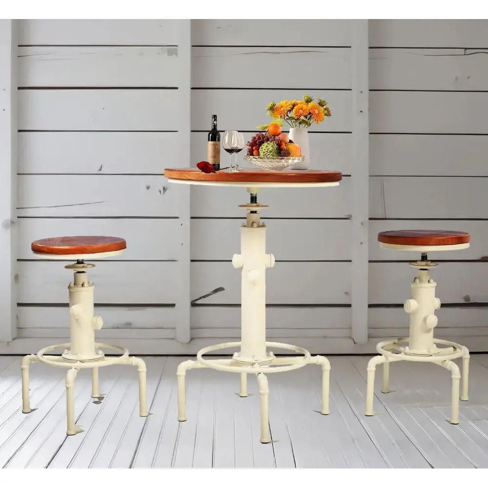 

Vintage Round Industrial Bar Table Set with 2 Height-Adjustable Stools, Antique White (1 Table + 2 Chairs)