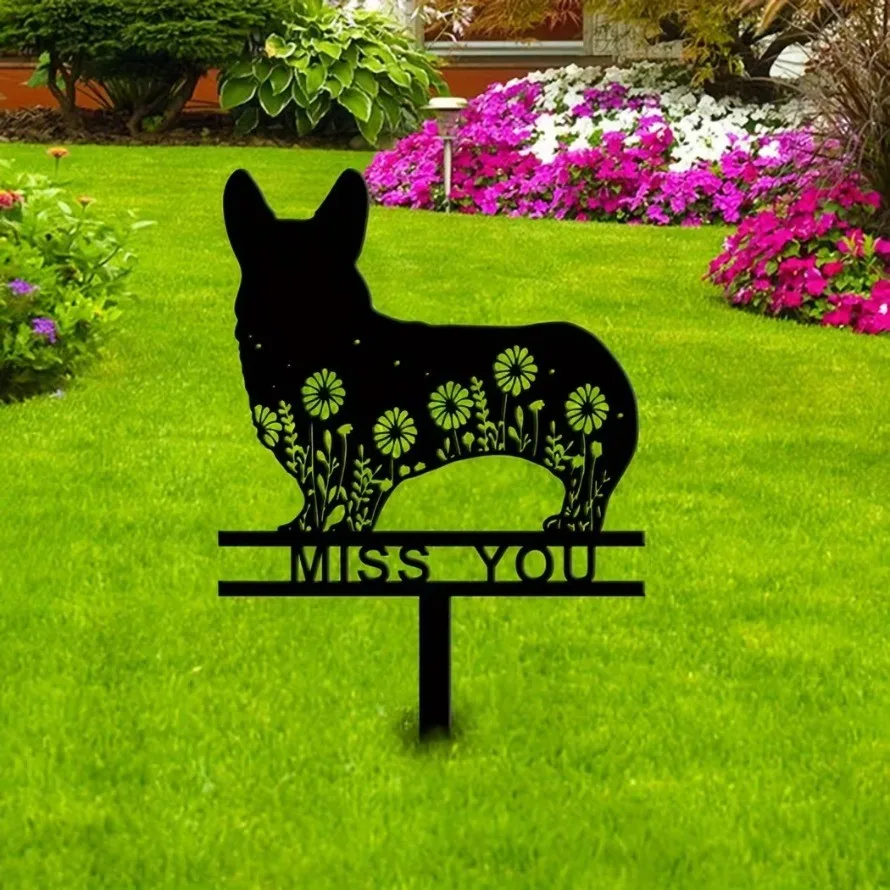 CIFBUY Memorial Dog Garden Stake, French Bulldog Iron Yard Sign With Flower Pattern For Garden Decor