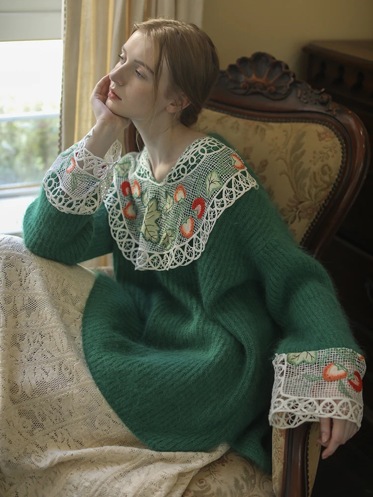 AIGYPTOS Pullover Sweaters Women Fall Winter Vintage Christmas Green Wool Knitted Sweater Antique Lace Crochet EmbroiderySweater