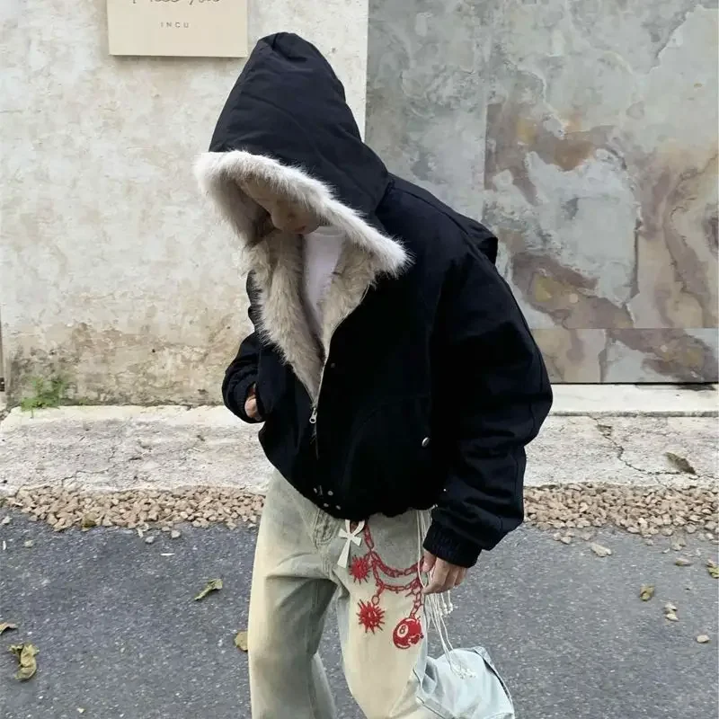 Rua hip-hop gótico harajuku jaqueta oversize casaco americano retro gola de lã com capuz jaqueta de algodão inverno grosso pelúcia topo masculino