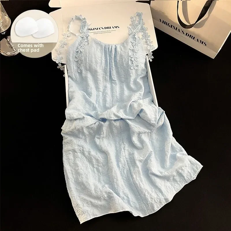2/pce set girls summer casual fashion sleepwear nightdress women spaghetti strap solid color pajama loungewear lady home pajama
