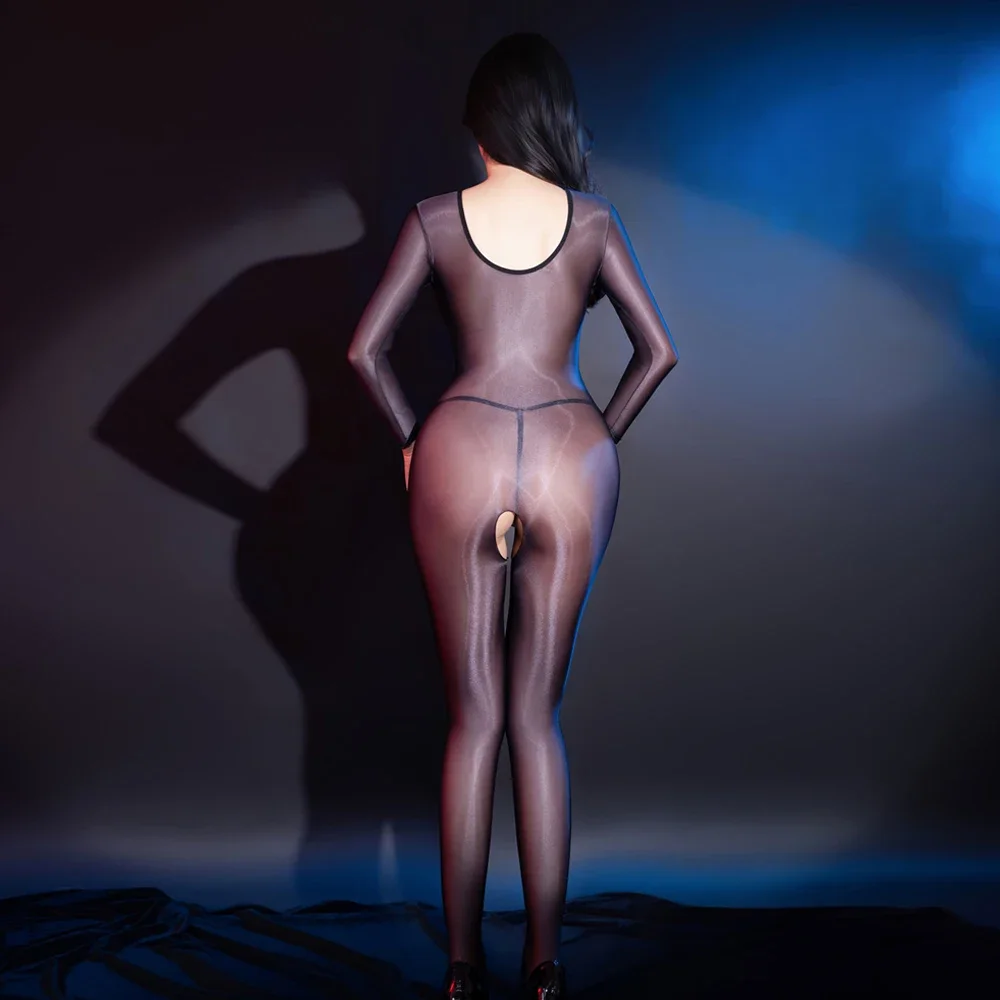 Sexy Thin Sheer See through Bodysuit with Open Crotch Oil Glossy Shiny Tights Yoga Shaping Jumpsuit for Women Maid Leotard