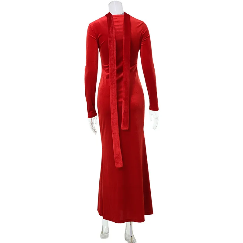 Women Red Velvet Bodycon Maxi Party Dress with Scarf Elegant O Neck Full Sleeve Slim Evening Gown Birthday Long Robe Vestidos