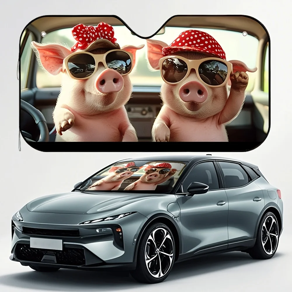 

1pc Halloween Pig Driver Print Car Sunshade - Cute Cartoon Pigs With Polka Dot Fashion Glasses & Red Bow Design, Foldable UV Pro