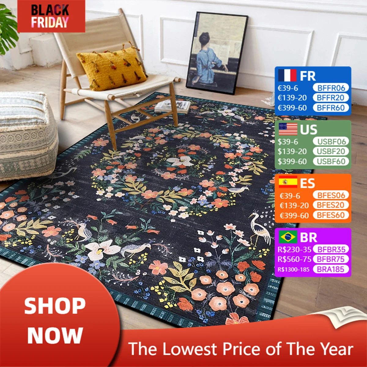 Living Room Carpet French Vintage Floral Pattern Rug Bedroom Bedside Soft Area Rugs Machine Washable Non-slip Large Floor Mat