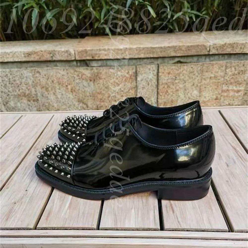 Men's Black Patent Texture Spiked Studded Cap Toe Oxford Shoes, Lace Up Chunky Sole Dress Shoes with Punk Rock Style Design