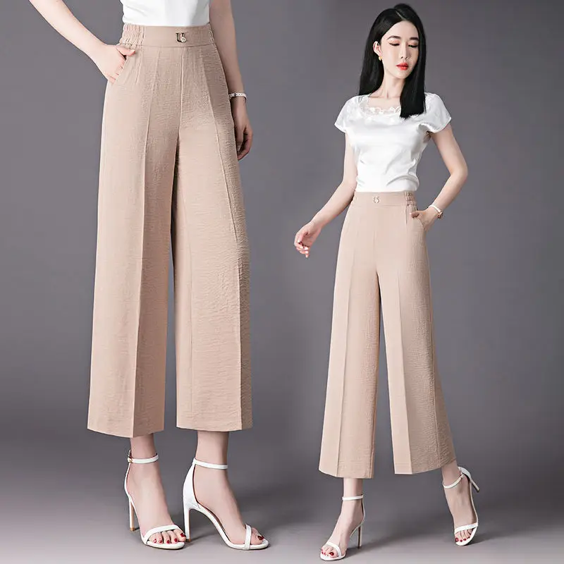 Pantalon à Jambes Larges pour Femme, Streetwear Coréen, Vêtement d'Été Décontracté, Taille Haute, Couleur Unie, Fjj