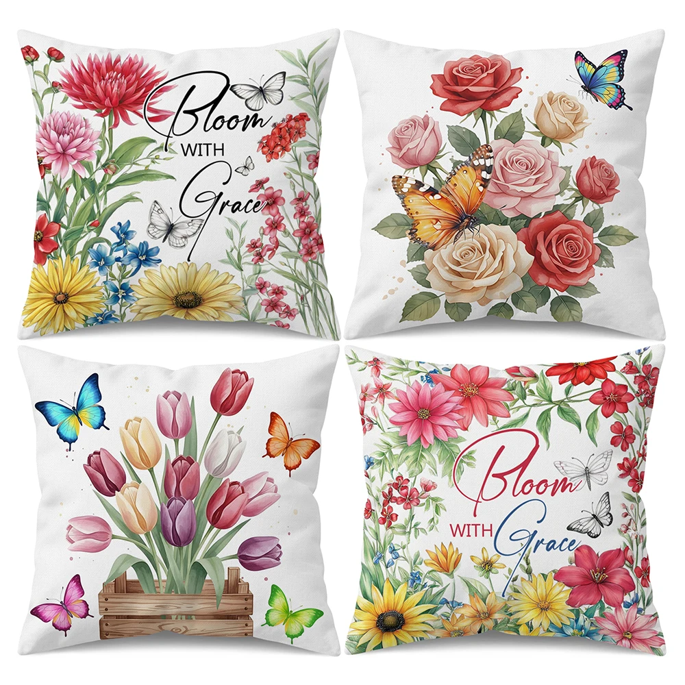 

Bloom with Grace Flowers Pillow Covers 18x18 Inch Set of 4, Double-Sided Print White Linen Cushion Covers for Sofa Couch
