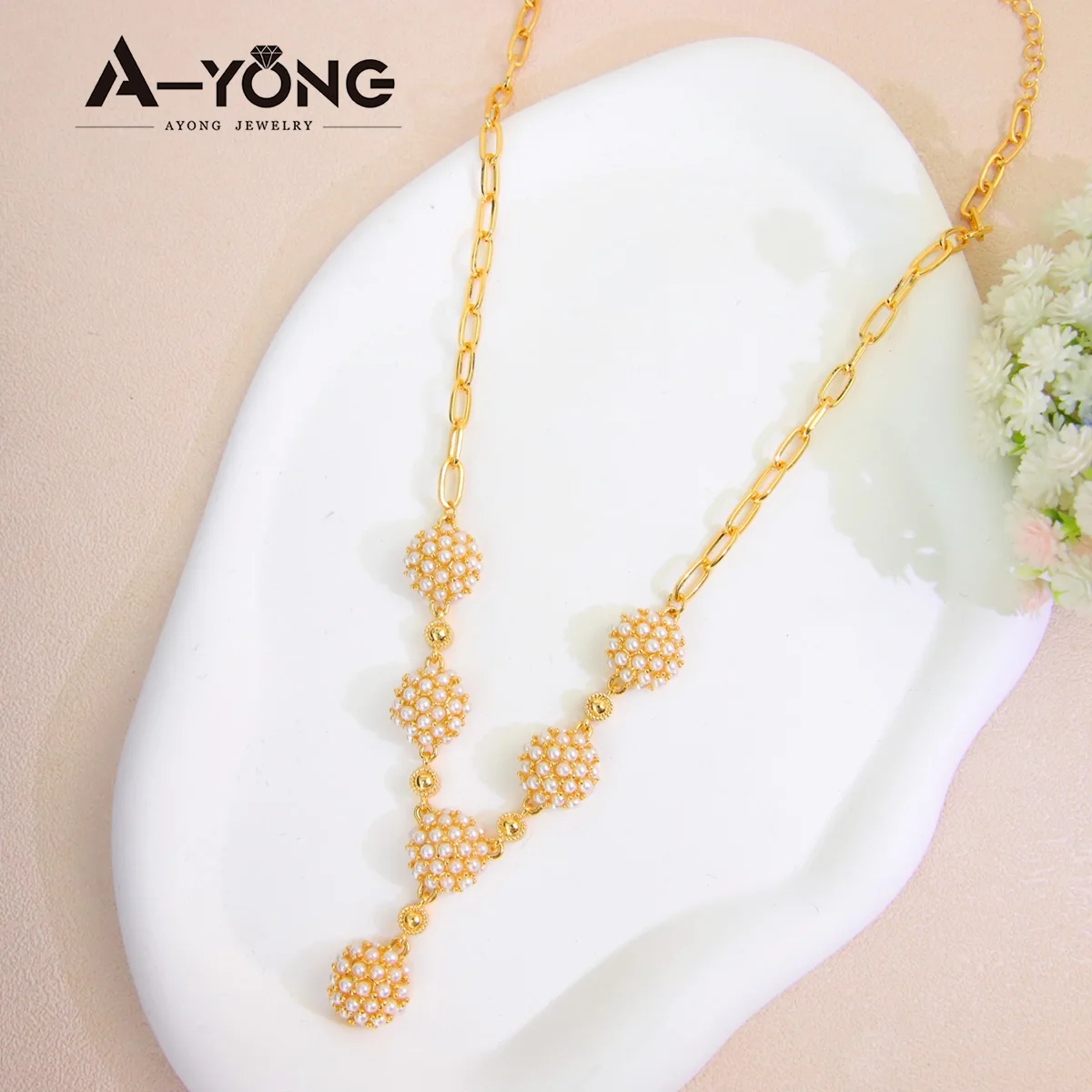 Italienisches goldfarbenes Perlen-Halsketten-Set, 21 Karat vergoldet, Dubai, eleganter Ramadan-Schmuck, arabisches islamisches Mutter-Geburtstagsparty-Geschenk – Detail 5