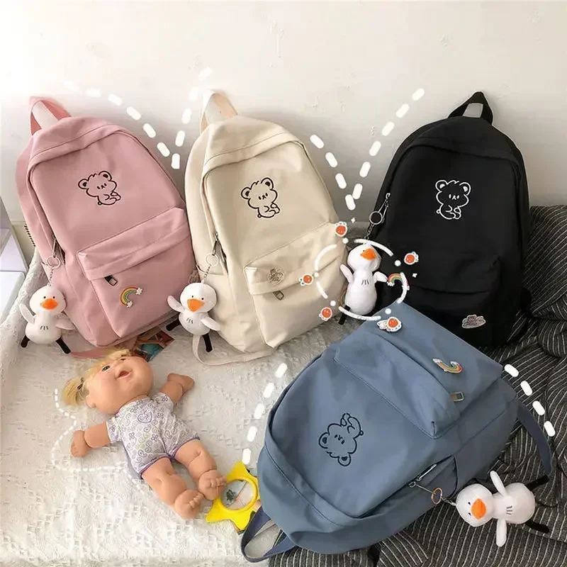 Girls School Bags for Teen Cute Cartoon White Nylon Middle Student Backpack