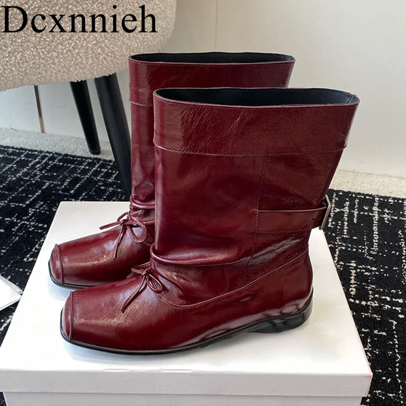 

Flat Mid Calf Boots Women Square Toe Genuine Leather Pleated Design Metal Buckle Decor Autumn Winter Shoes Knight Short Boots