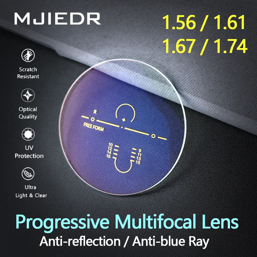 1.56/1.61/1.67/1.74 Ultra-thin HD Anti-reflection Anti-scratch HMC Anti-blue Ray Progressive Multifocal Lens 1 Pair