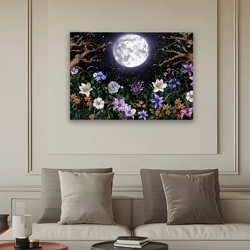 Large Full Moon Floral Tapestry Night Sky Botanical Boho Wall Hanging Romantic Cosmic Decor Art 150x300cm