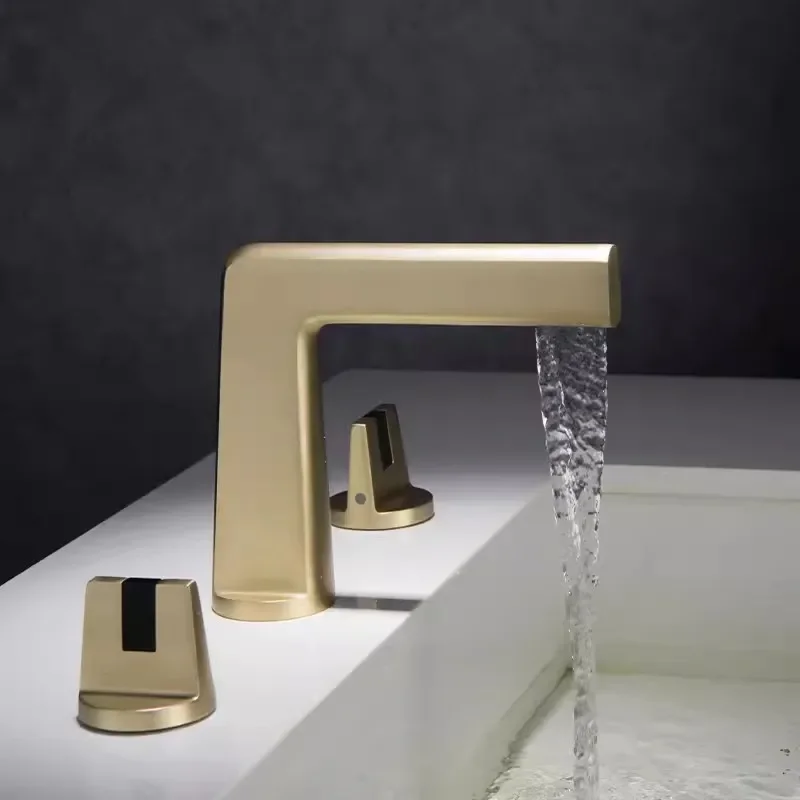 Brushed Gold Basin Faucet Total Brass Black Bathroom Faucet Gray Sink Faucets 3 Hole Hot And Waterfall Water Tap