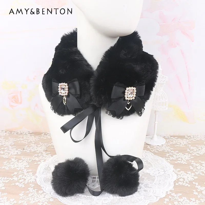 Handmade Japanese Mine Series Sweet Lace Bow Big Hairball Hairy Fake Collar Fur Collar Winter Versatile Cute Plush Scarf Women