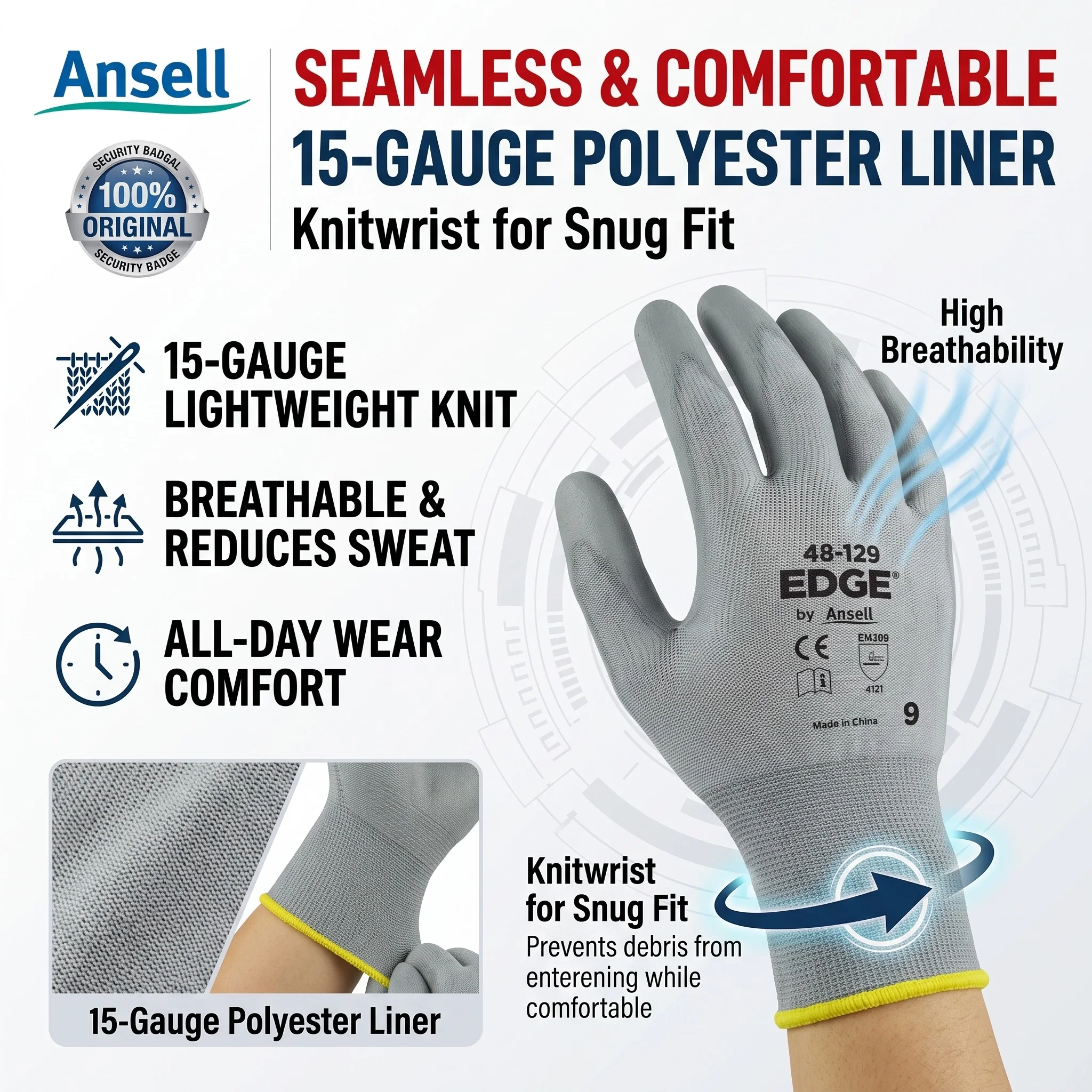Ansell EDGE 48-129 Work Safety Black PU Coated Gloves for Work Men Mechanic Heavy Duty Utility Guantes de Trabajo Construction