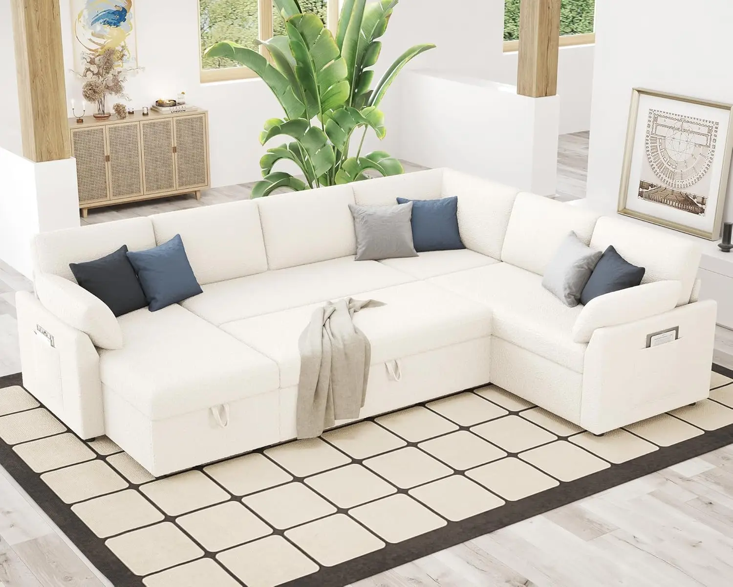 Pull Out Sofa, 112 Inch Oversized U Shape Sleeper Sofa Couch with Storage Chaise & 3 Seater, White Boucle