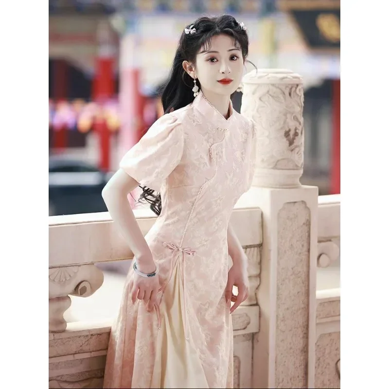 Chinese Traditional Women Qipao Dress Pink Jacquard Round Neck Short Sleeve Cheongsam Vestidos De Fiesta Largos Mujer Para Bodas