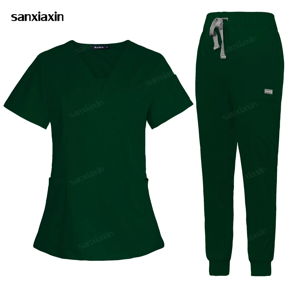 Uniformes médicos verde enegrecido, roupas femininas de alta qualidade para enfermagem, conjunto de esfoliantes para médico, dentista, beleza, roupa de trabalho clínica, calça superior