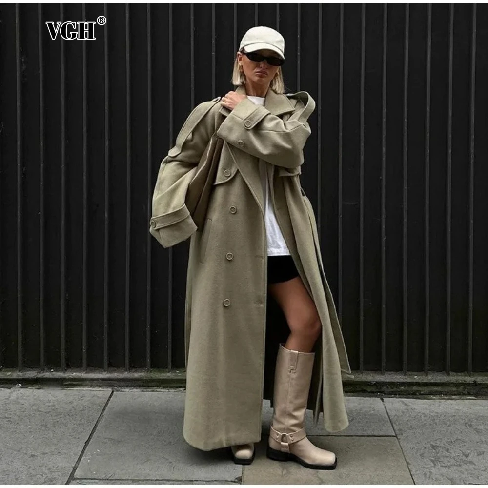 

VGH American Street Basics Designer Jacket for Women Lapel Long Sleeve Patchwork Single Bteasted Mid Length Trench Female Autumn