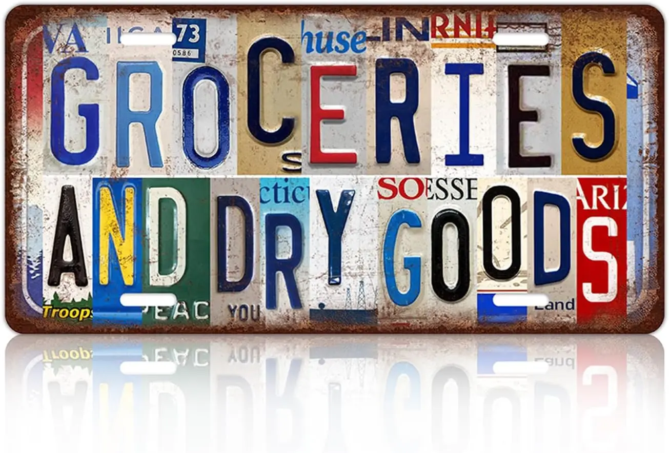 Vintage License Plate Wall Decor Groceries And Dry Goods Metal Tin Sign 12 x 6 Inches