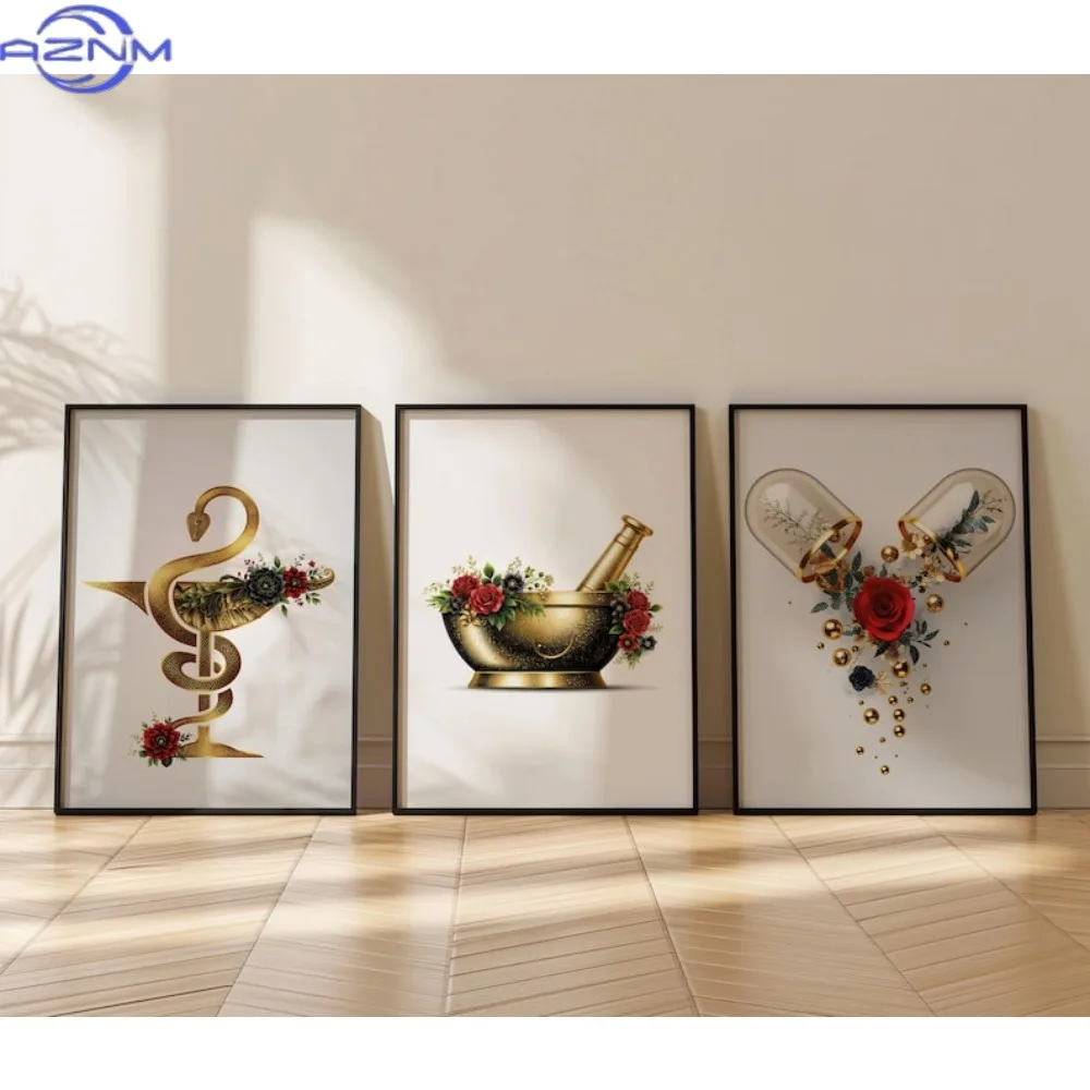 3pcs Frameless Canvas Painting Red Pharmacy Wall Art Set of 3: Golden Caduceus, Mortar and Pestle