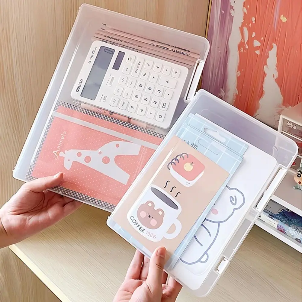 Plastic A4 Transparent Storage Box Clear Portable File Storage Cases Anti-skid Buckle Flip Design Document Paper Office