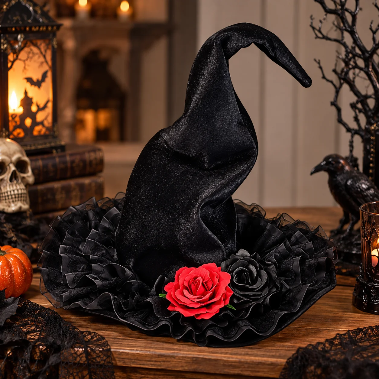 Black Witch Hat Lace Rose Gothic Halloween Cosplay Costume Hat Women Vintage Spider Web Party Headwear Prop