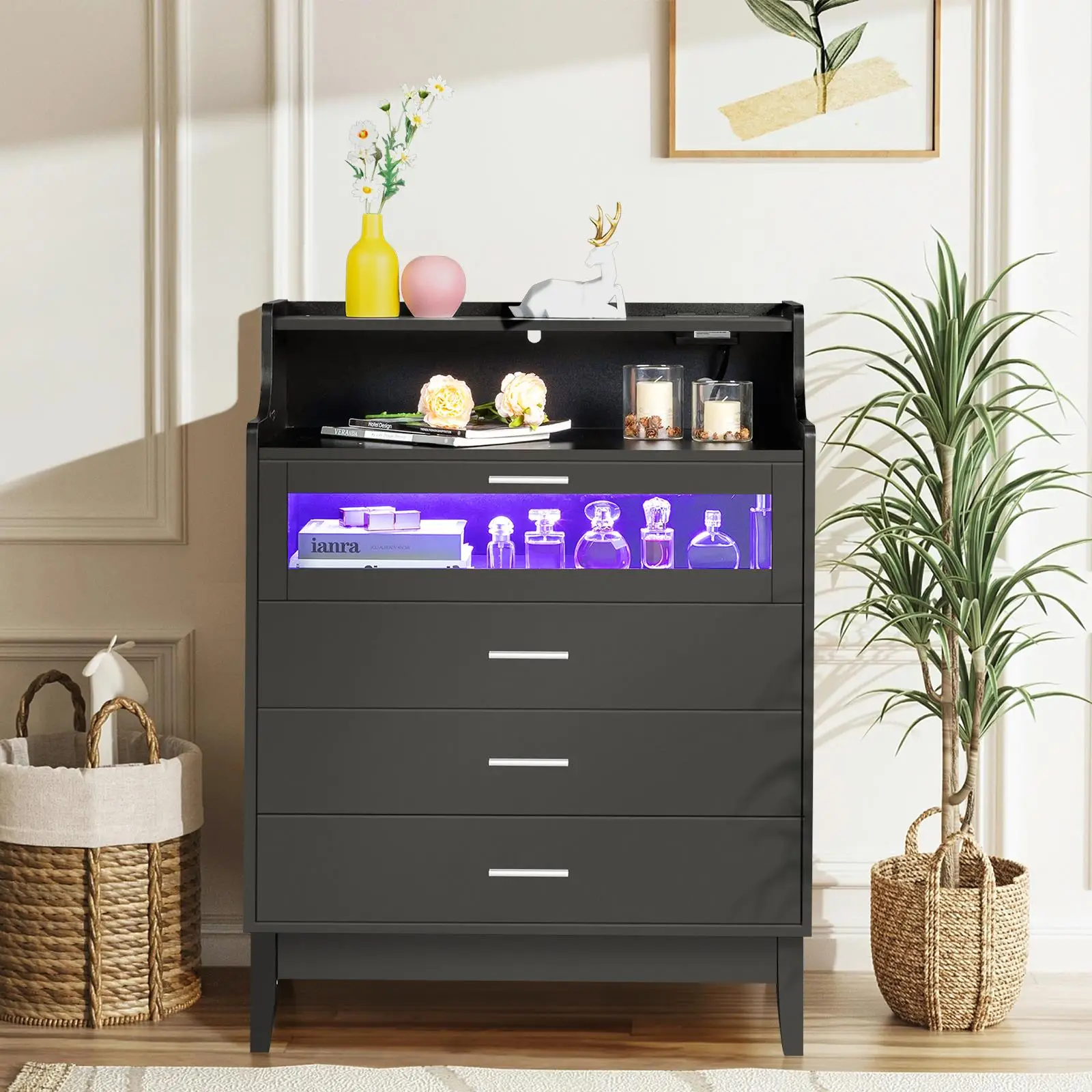 4-Drawer Black Dresser with Shelf, Light Strips, Charging Station & USB Ports - Stylish Particleboard Bedside Table