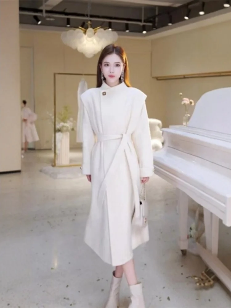 

Женское шерстяное пальто больших размеров класса люкс с поясом, воротником-стойкой, свободного кроя, средней длины, весеннее, модное, элегантное, верхняя одежда