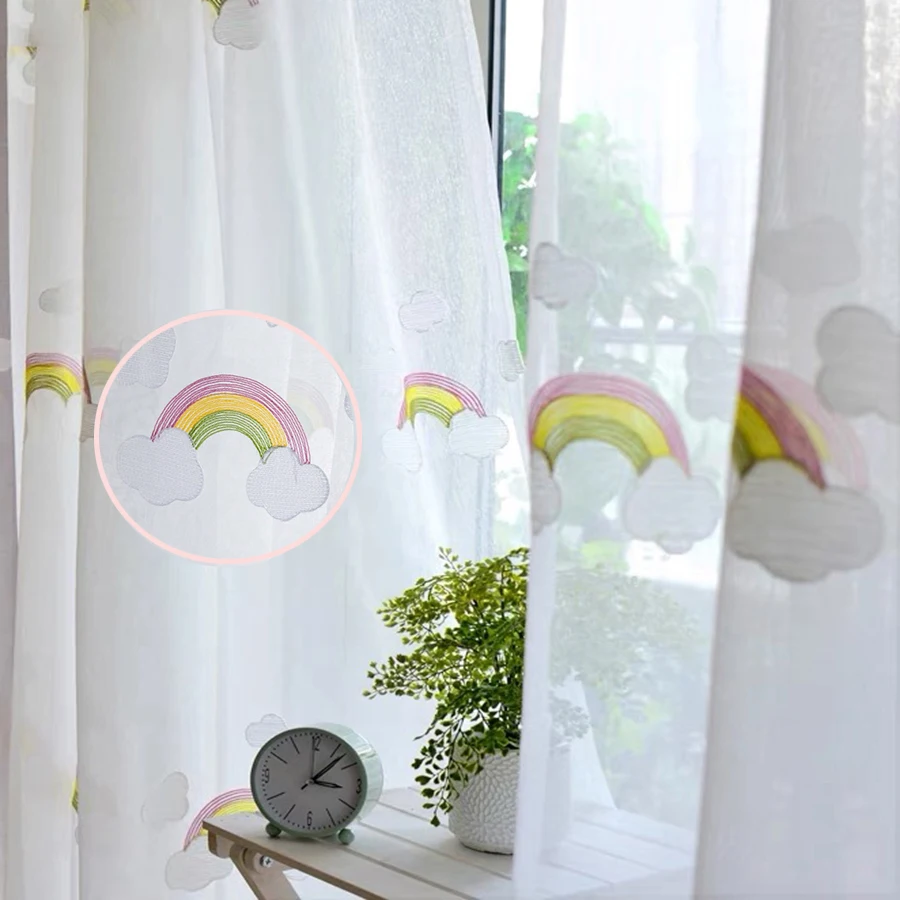 

Korean Embroidered White Cloud and Rainbow Sheer Window Bedroom Curtains, Cotton Flax Panels ,Tulle Voile for Living room Decor