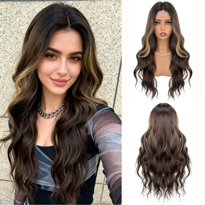 european-and-american-fashion-medium-part-small-lace-brown-gradient-water-ripple-long-curly-wig
