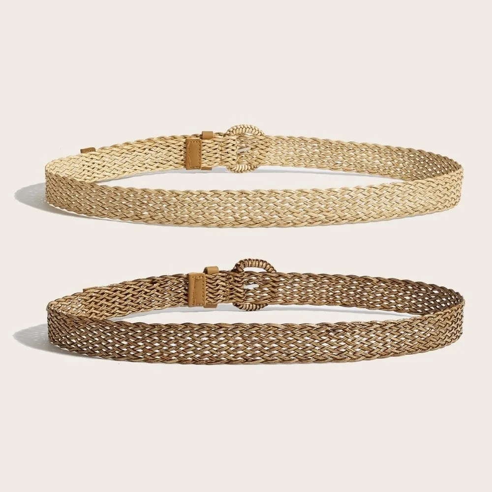 Adjustable Fit Woven Waist Belt Round Ring Buckle Vintage Style Braided Waist Belt Ethnic Style Belts for Dresses Daily Outfits