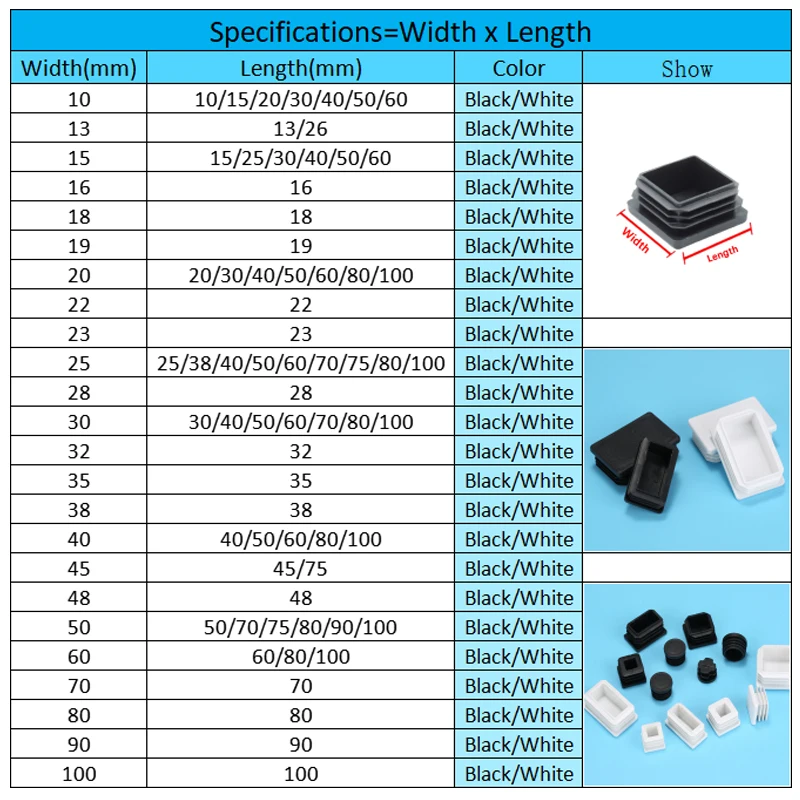 1/2/5/10 Pcs White Rectangle/Square Blanking End Cap Table Leg Foot Pad Steel Pipe Insert Plug 15x15mm -50x100mm