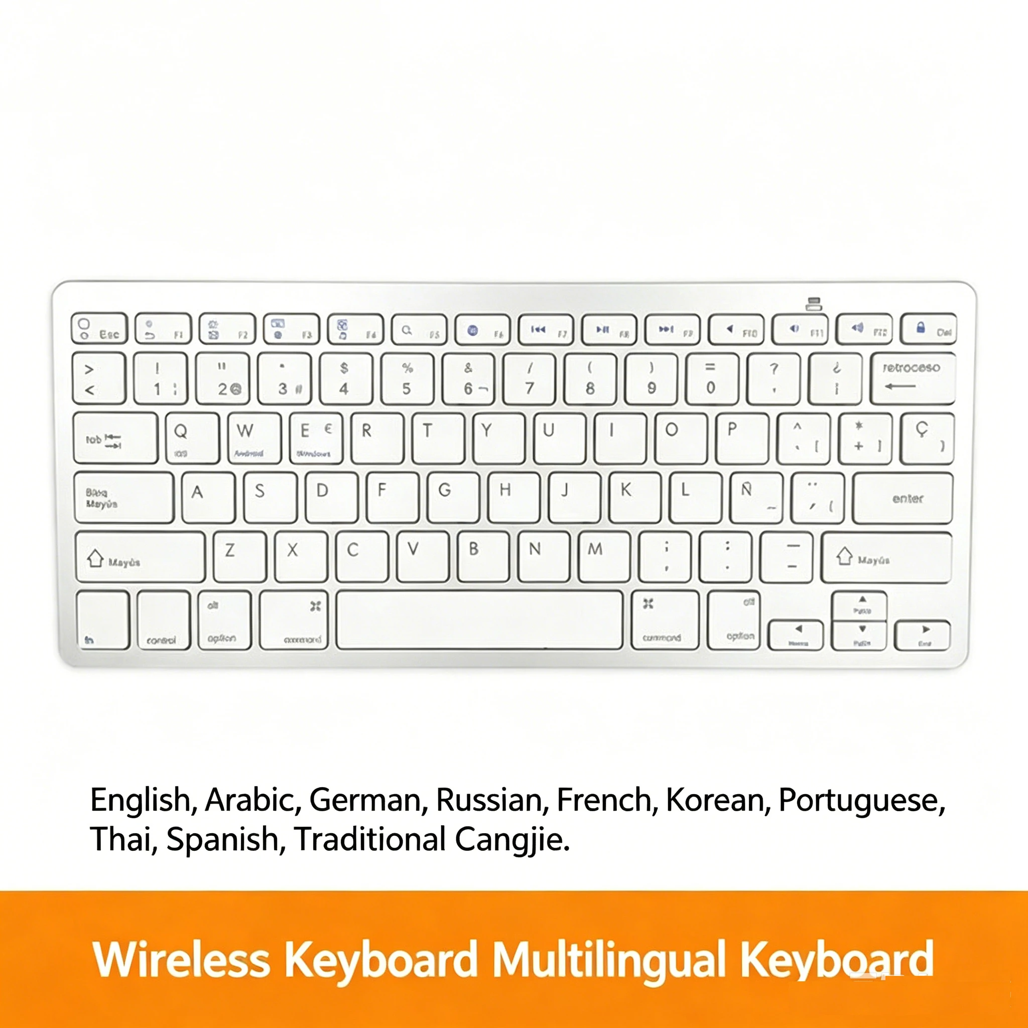 Multilingual Slim Wireless Bluetooth Keyboard,Small Languages:Spanish,Arabic,German,Korean,Thai,French,Russian PC Accessories
