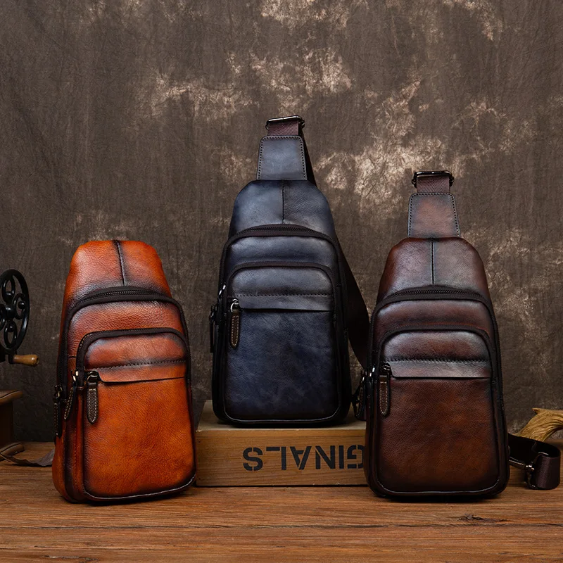 Vintage Full Cowhide Grain Leather Chest Bag For Men Casual High Plant Tanned Leather Shoulder Sling Bag Male Crossbody Bag T202