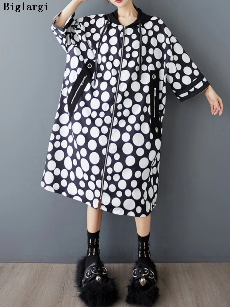 

Oversized Spring Summer Hooded Dress Women Polka Dot Print Fashion Ladies Dresses Casual Loose Ruffle Woman Midi Dress Coats