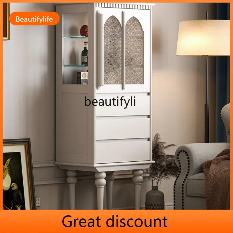 French Cloud Cream White Solid Wood American Side   Glass Door Storage Wine Cabinet  Display Floor Storage Cabinet